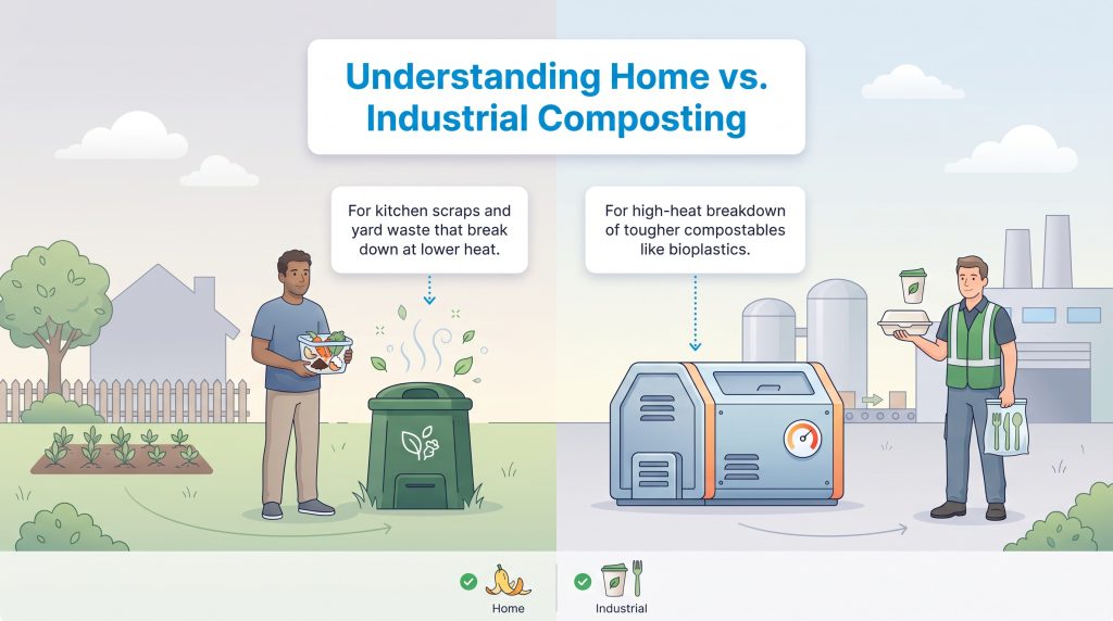 Comparison of home composting for kitchen waste and industrial composting for bioplastics.