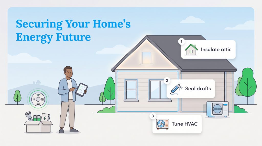 Illustration showing home weatherization steps: insulate attic, seal drafts, and tune HVAC.