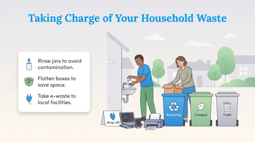 Illustration of people rinsing jars, flattening boxes, and separating e-waste for recycling.