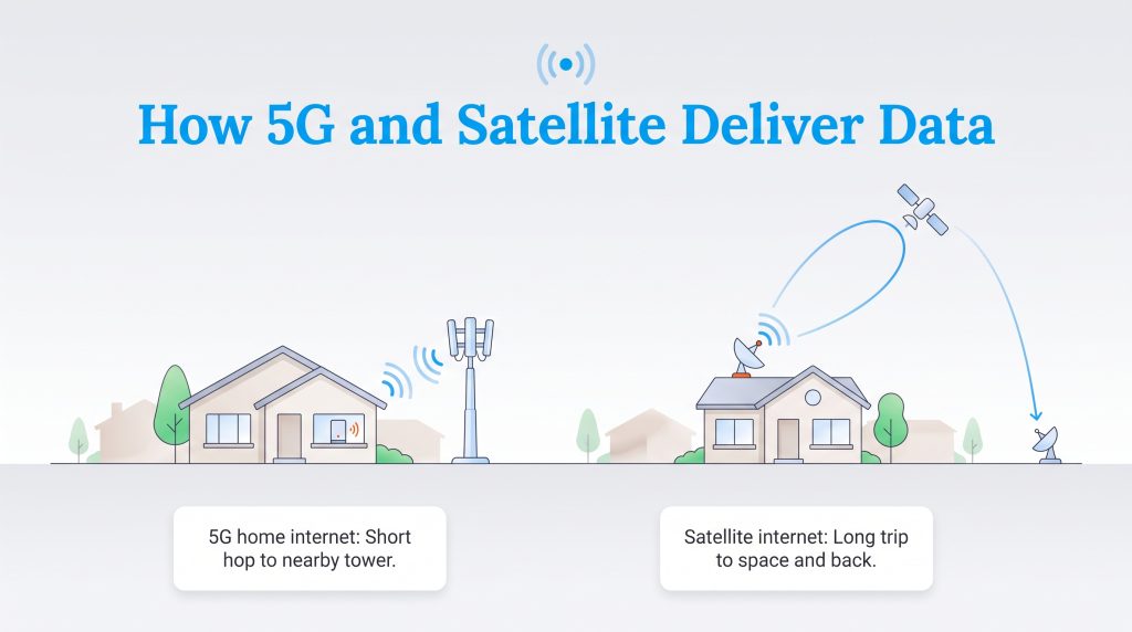 Comparison diagram of 5G cell tower connection and satellite space transmission