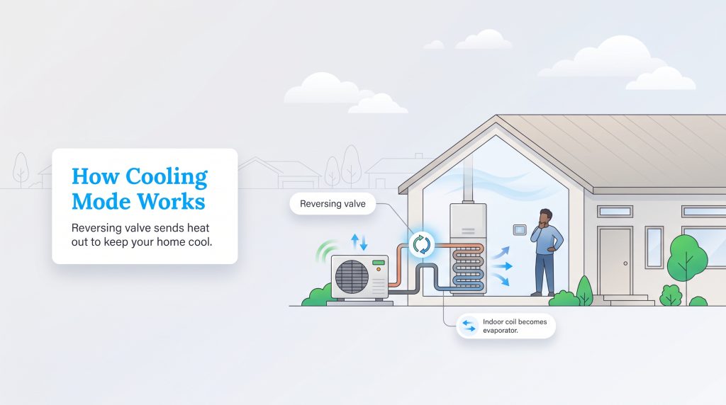 Illustration showing how a heat pump reversing valve cools a home in summer