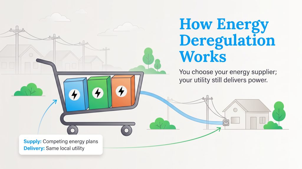 Graphic illustrating how energy deregulation works using a shopping cart metaphor