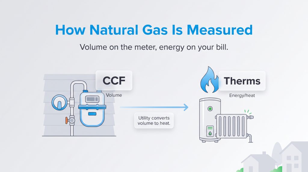 Diagram showing the conversion of natural gas from volume in CCF to energy in Therms.