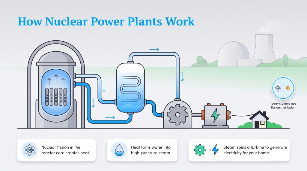 Diagram of a nuclear power plant showing reactor, steam generator, turbine, and generator