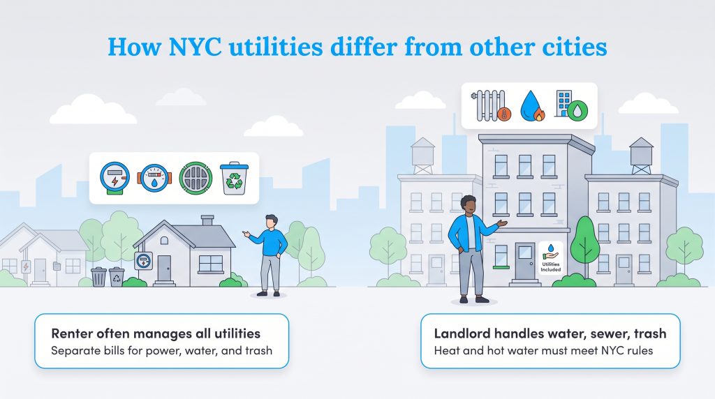 Illustration comparing renter-managed utilities to landlord-handled utilities in NYC.