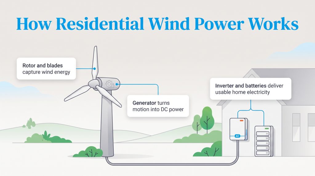 Diagram showing how a home wind turbine generates, converts, and stores electricity.