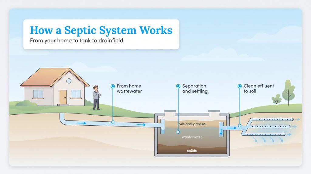 Diagram showing wastewater moving from a home to an underground septic tank and drainfield.