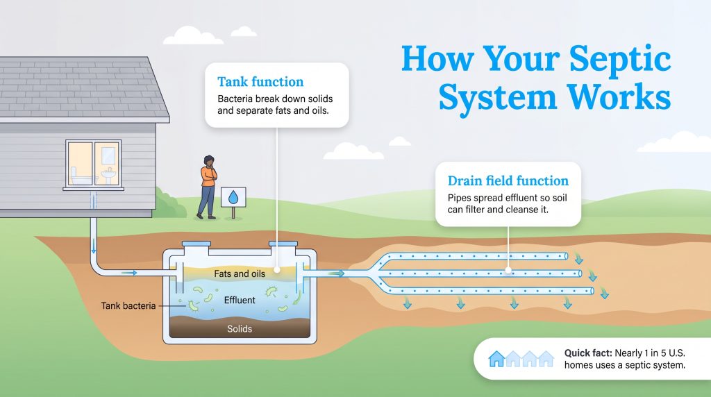 Diagram showing wastewater flowing from a home into a septic tank and out to a drain field.