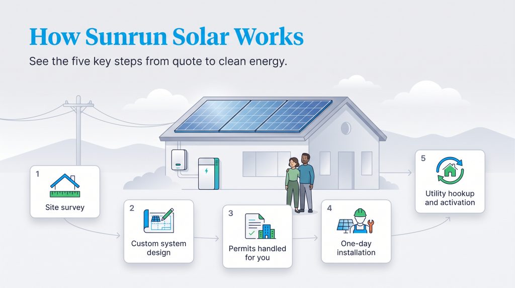 Diagram showing the five-step Sunrun solar process from site survey to utility activation.