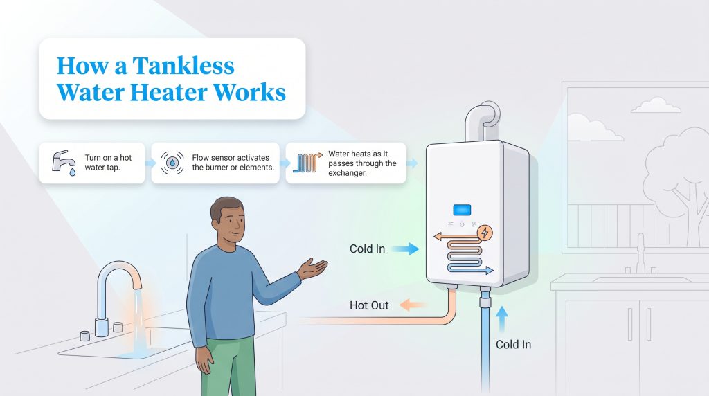 Diagram showing the three-step process of a tankless water heater.