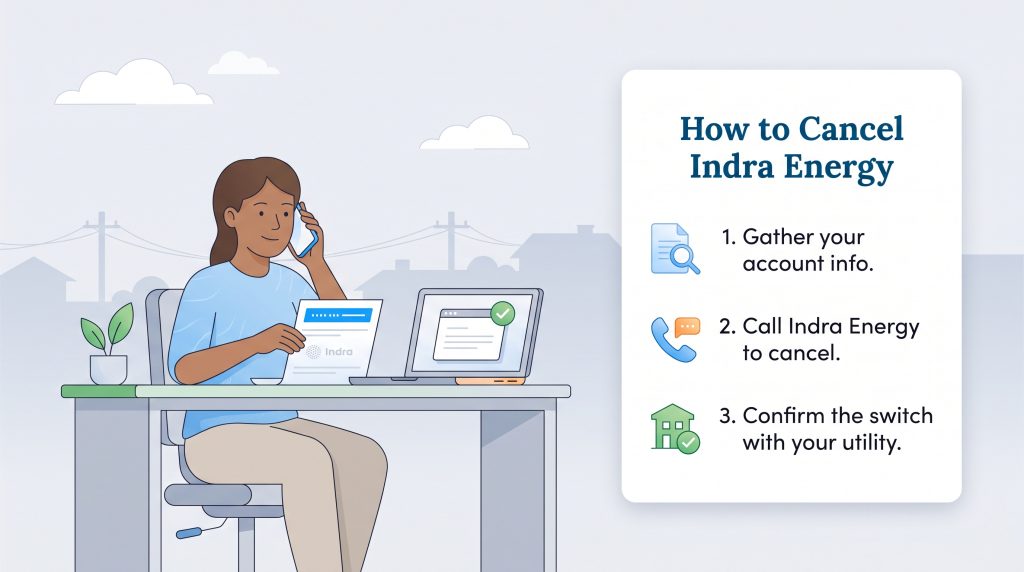 Illustration of a woman on the phone beside a three-step guide to canceling Indra Energy.