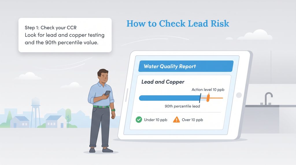 A man viewing a digital Water Quality Report showing lead and copper percentile levels.