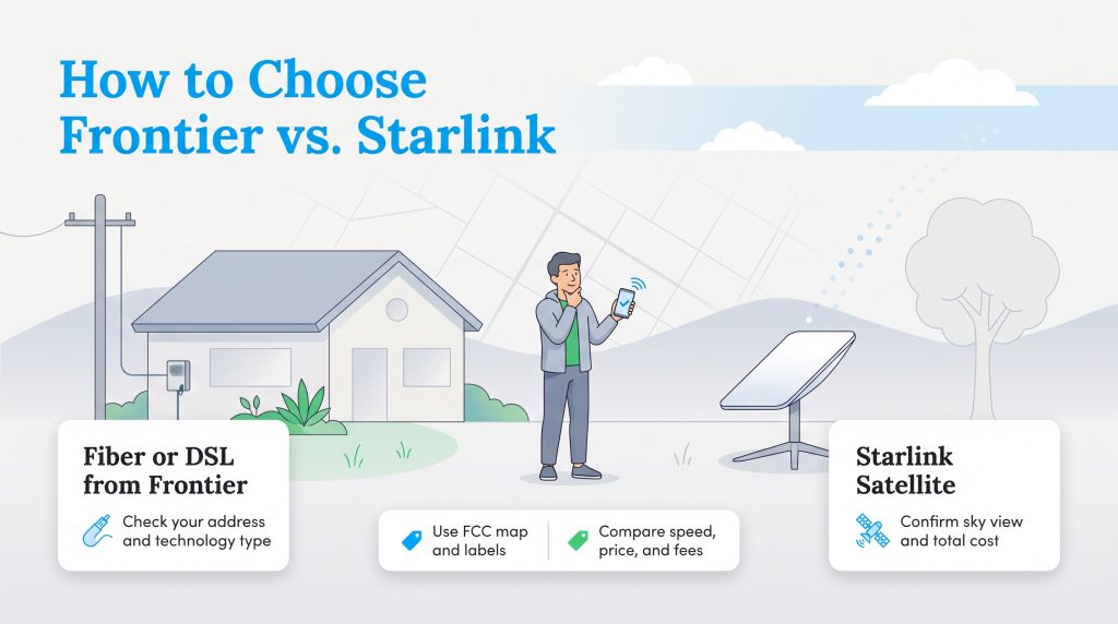 Comparison of Frontier fiber or DSL and Starlink satellite internet options for home broadband