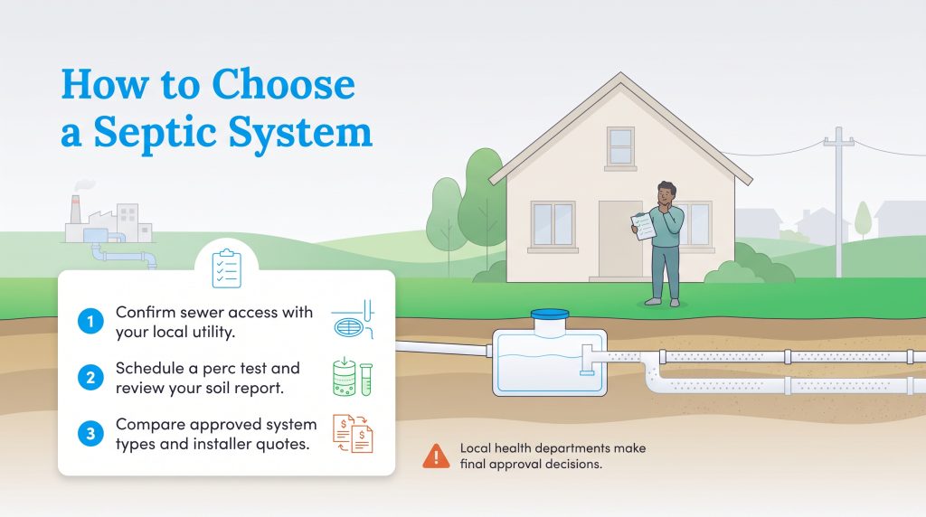 Illustrated guide showing three steps to choose and approve a residential septic system.