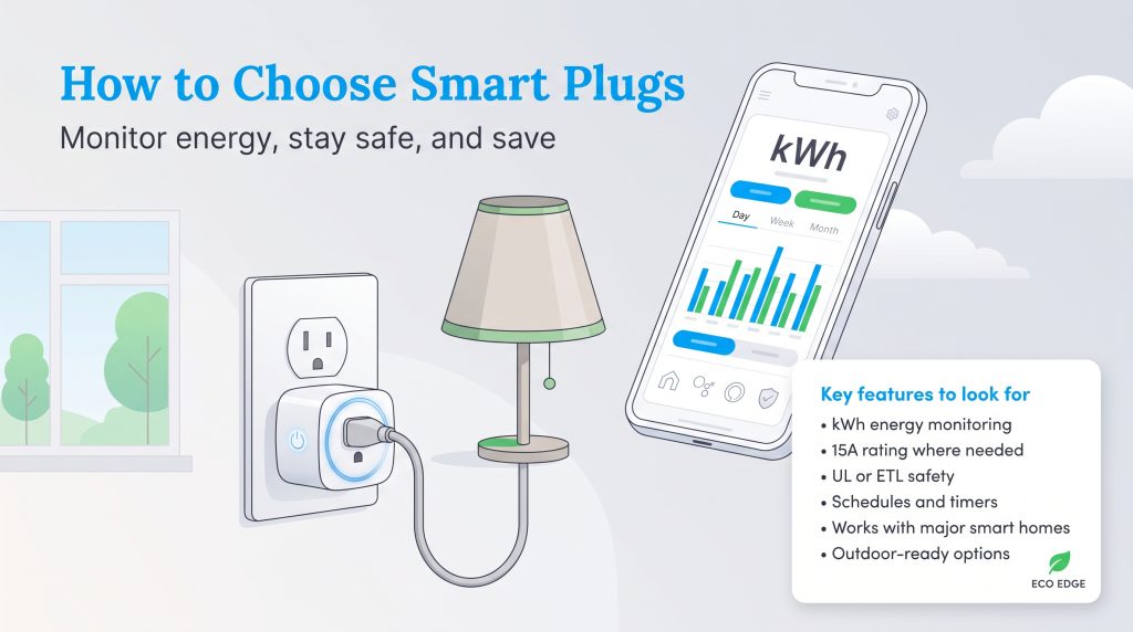Illustration of a smart plug in an outlet and a phone app displaying energy monitoring data.