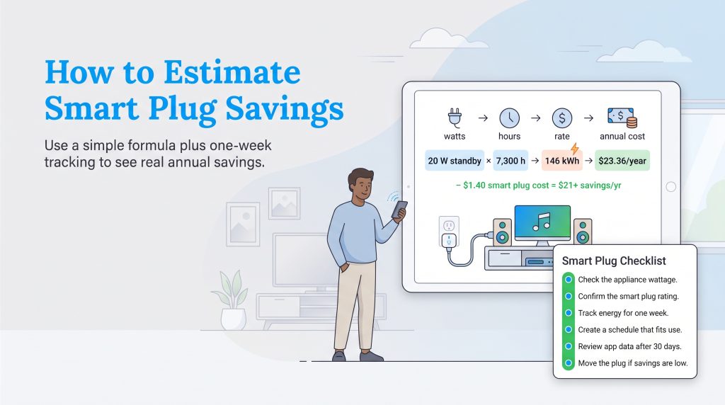 Graphic showing smart plug energy savings calculation formula and checklist