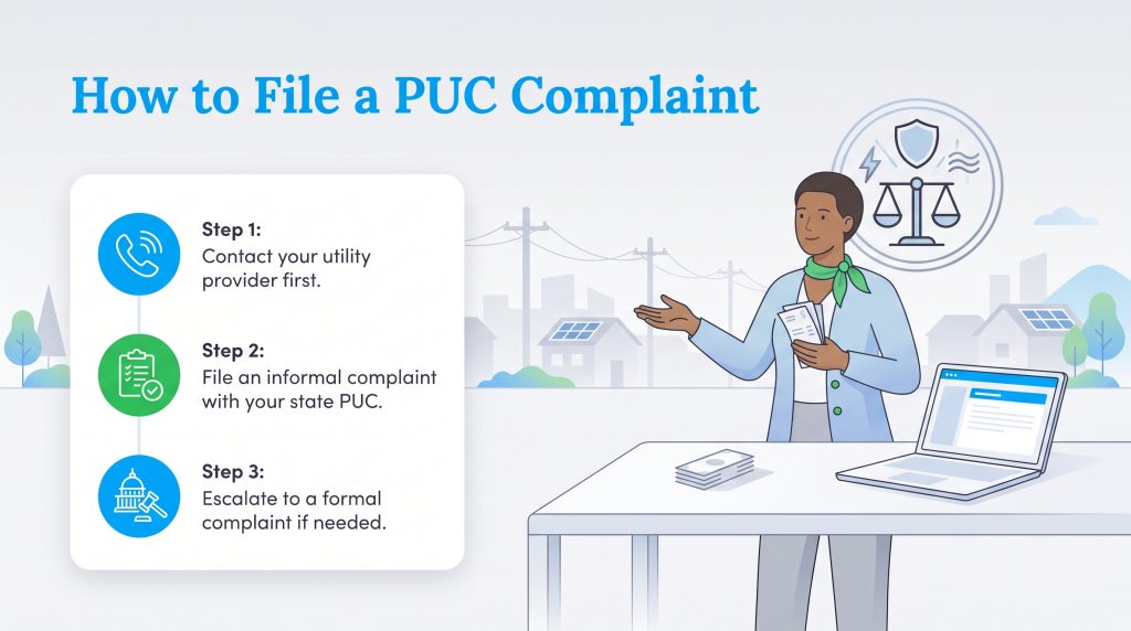 Flowchart of three steps to file a PUC complaint with a woman and a laptop
