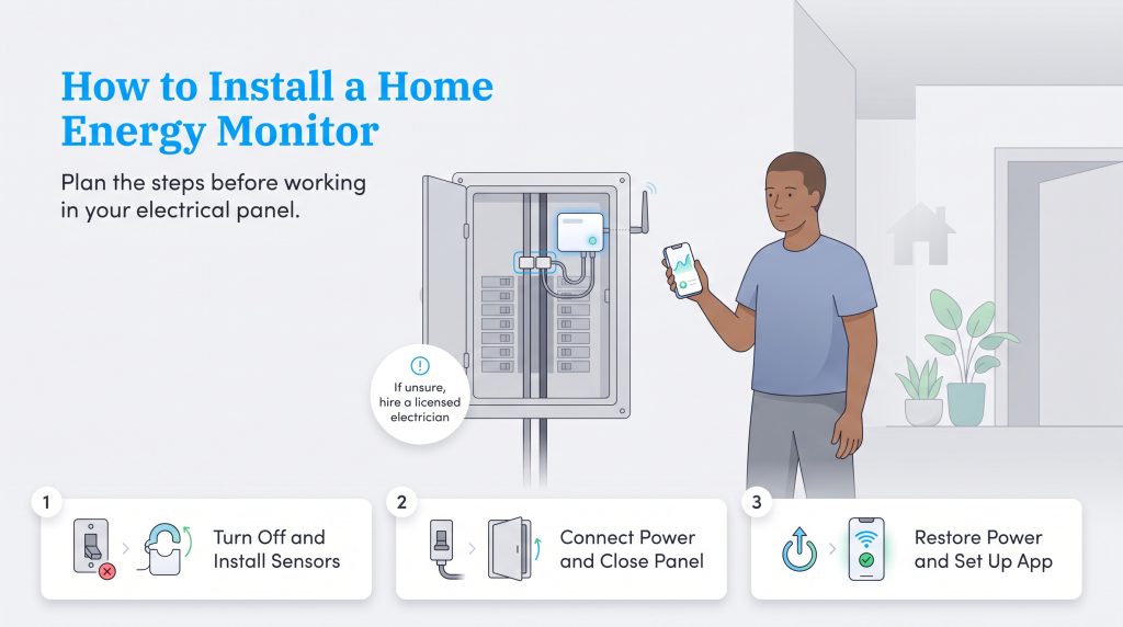 Illustration of the three steps to safely install a home energy monitor in an electrical panel.