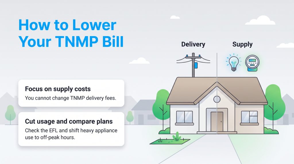 Diagram showing tips to lower a TNMP electricity bill by focusing on energy supply costs.