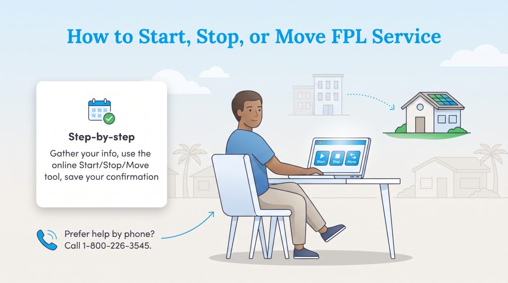 Illustration showing how to manage FPL utility service online or by phone.