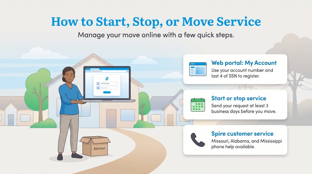 Illustration of a person with a laptop showing how to manage utility service online during a move