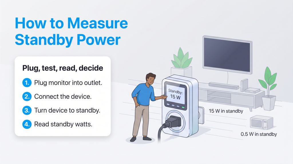 Steps to measure standby power with a plug-in energy monitor and household appliances.
