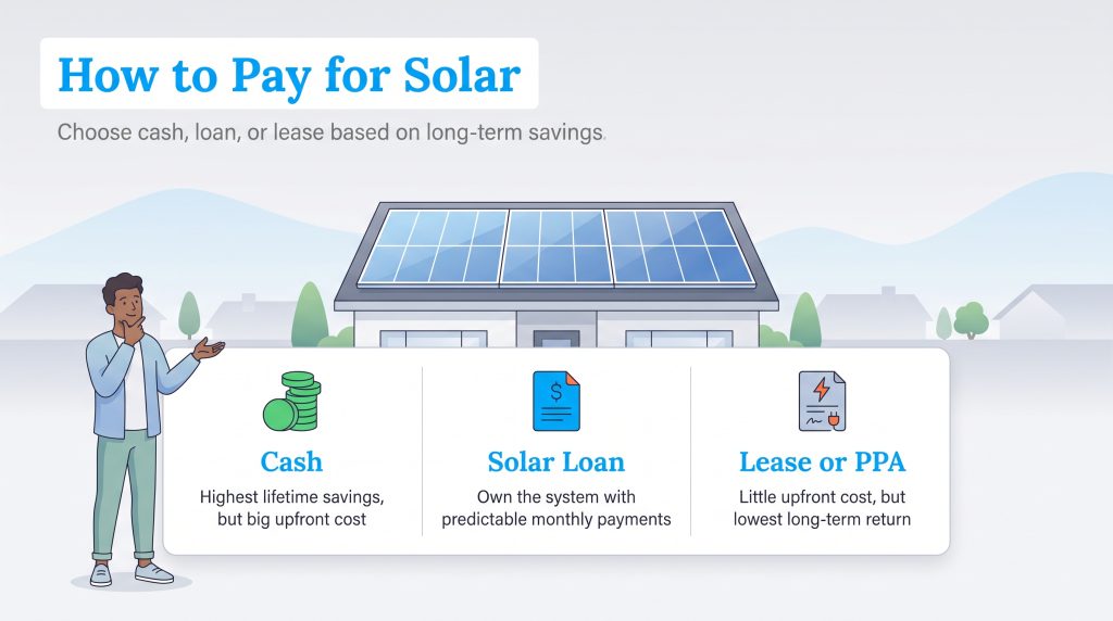 An infographic comparing solar payment options including cash, solar loans, and leases or PPAs.
