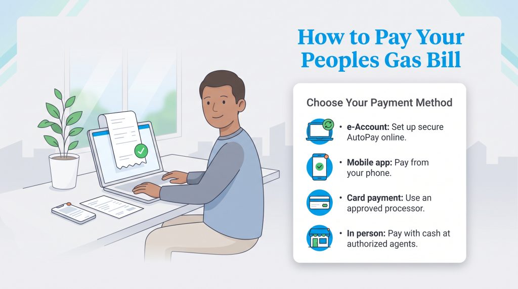 Illustration of a man paying a Peoples Gas bill on a laptop with four payment options listed.