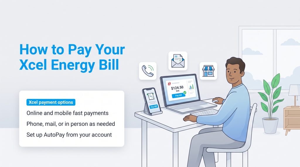 Illustration of a man paying his Xcel Energy bill online with various payment icons.