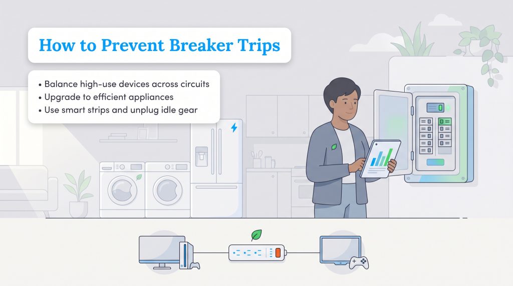 Tips on preventing breaker trips using smart power strips and balancing device loads.