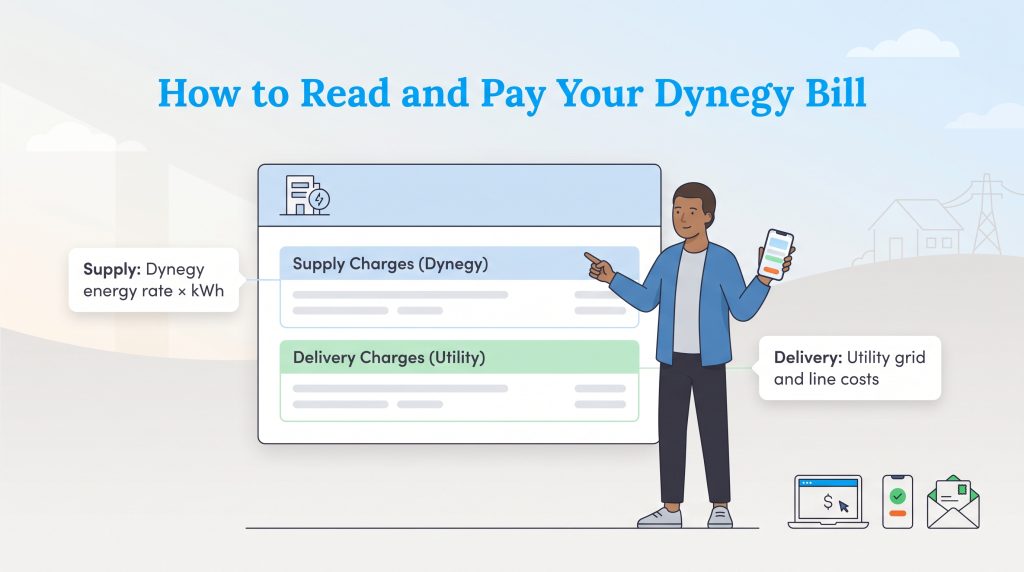 Illustration showing the breakdown of a Dynegy bill into supply and delivery charges.