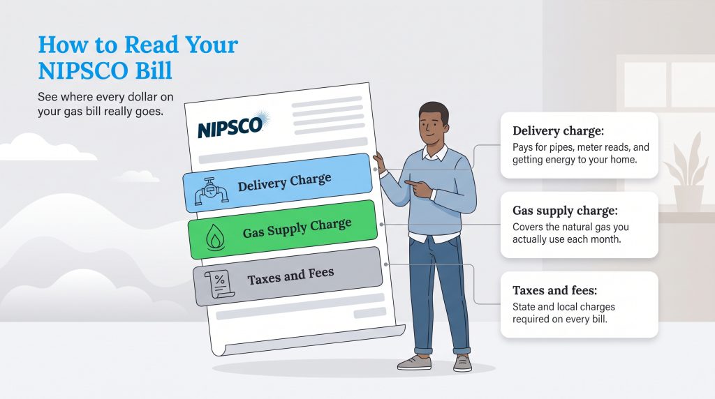 Illustration breaking down delivery charges, gas supply charges, and taxes on a NIPSCO bill.