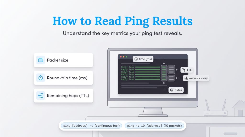 Infographic showing key ping results metrics like packet size round-trip time and TTL