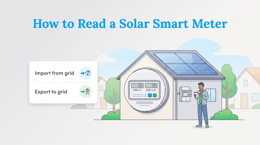 An illustration of a solar smart meter showing electricity imported and exported