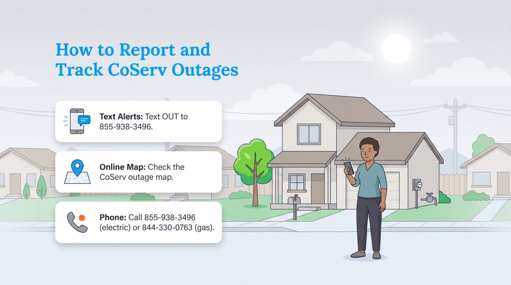 Infographic showing three ways to report CoServ outages: text alerts, online map, or phone.