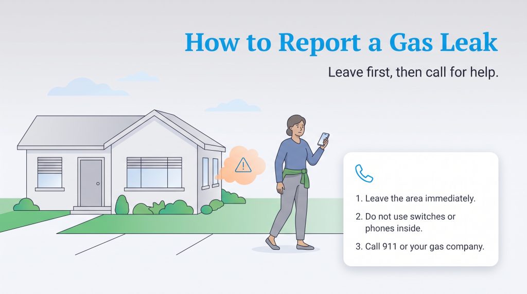 Illustration of safety steps to report a gas leak: leave first then call for help.