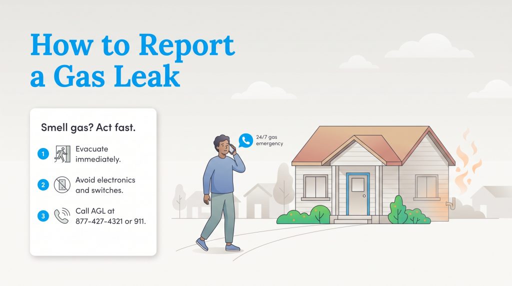 Three safety steps to take during a gas leak: evacuate, avoid electronics, and call AGL or 911.