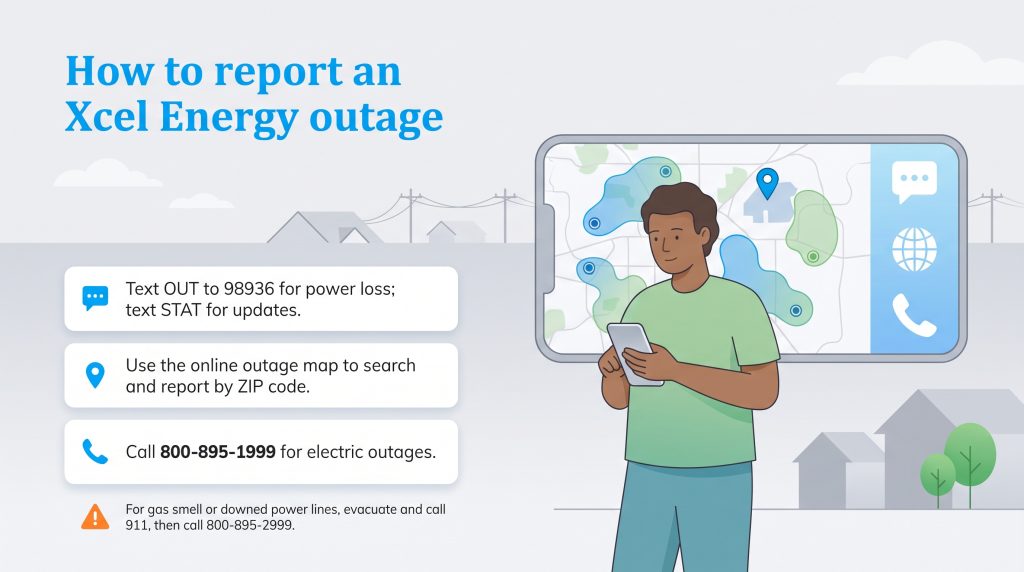 Illustration showing methods to report an Xcel Energy power outage: text, map, or phone.