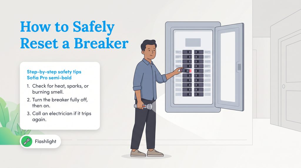 Illustration of a man holding a flashlight and flipping a switch on an electrical panel