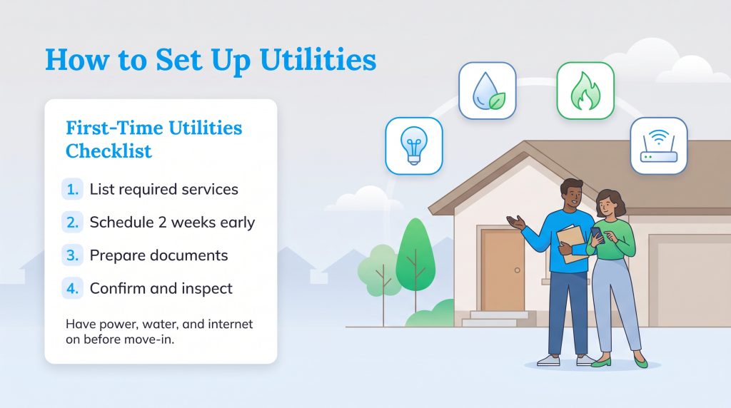 Infographic checklist for setting up home utilities like power, water, and internet.