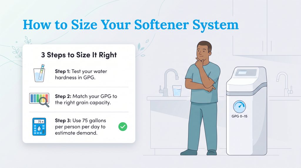 Infographic showing three steps to size a water softener system based on water hardness in GPG.