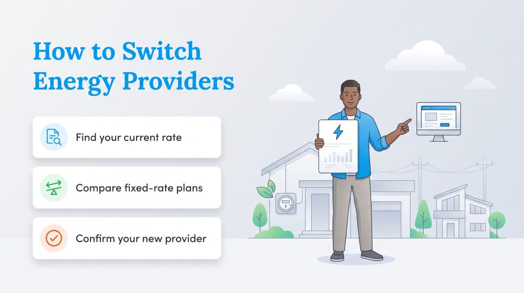Steps to switch energy providers: find current rate, compare plans, and confirm new provider.