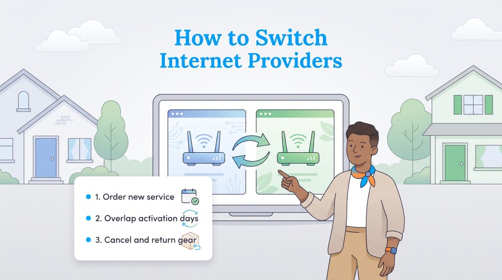 Steps to switch internet providers: order new service, overlap activation, and return equipment