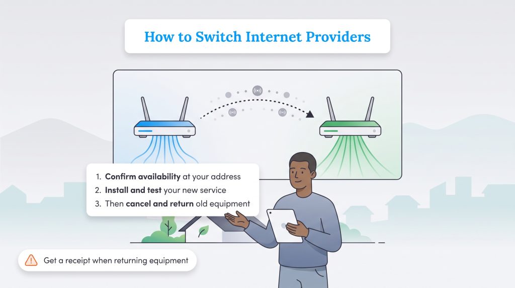 Graphic outlining a three-step process for switching internet service providers