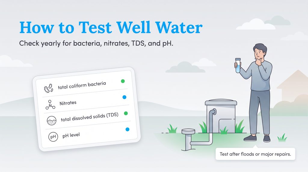 Illustration outlining key well water tests like bacteria, nitrates, TDS, and pH levels.