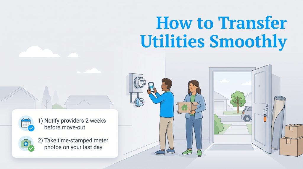 Illustration of a couple moving out and taking a photo of their utility meter