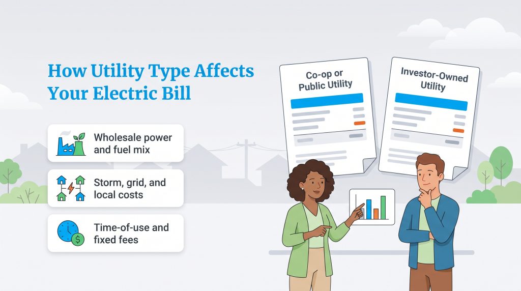 Illustration comparing Co-op and Investor-Owned utility factors affecting electric bills.