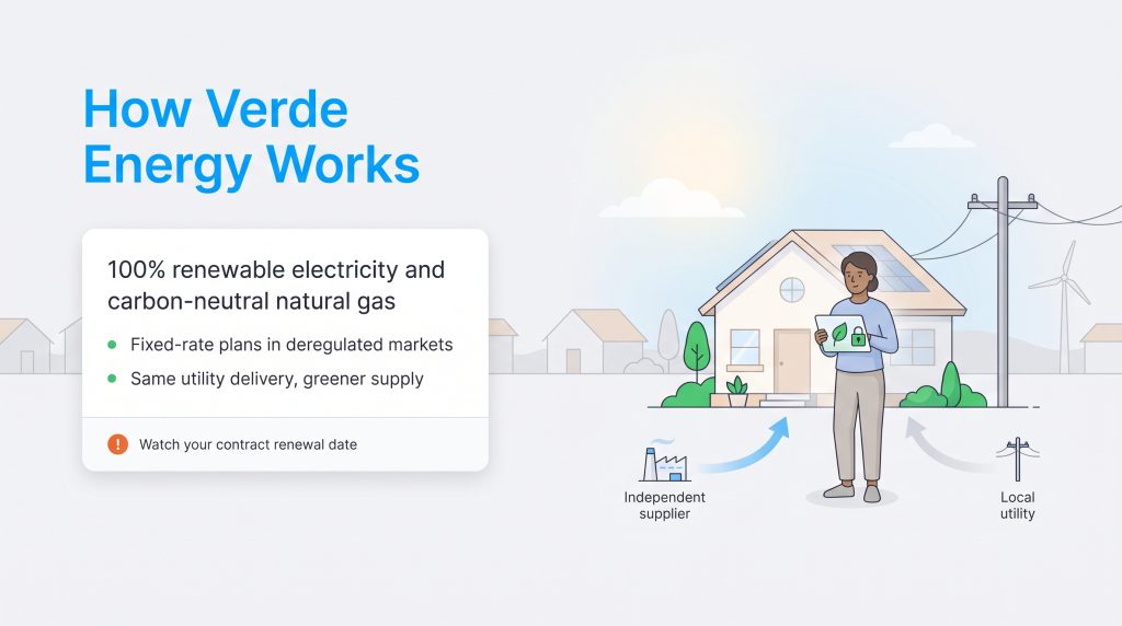 Graphic explaining how Verde Energy delivers renewable electricity and carbon-neutral gas