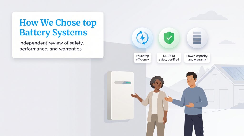 Graphic showing home energy battery evaluation criteria like safety and efficiency
