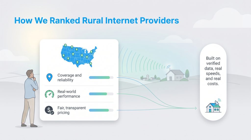Methodology for ranking rural internet providers based on coverage, performance, and pricing.